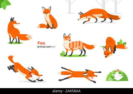 Fox. Animal cartoon. Set of cute cartoon foxes in modern simple flat style. Isolated vector illustration Stock Vector