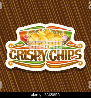 Vector logo for Potato Chips, decorative signage with illustration of crispy potatoes in transparent bowl and 2 plastic packs, cut paper sticker with Stock Vector