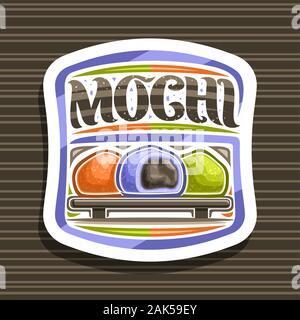 Vector logo for Japanese Mochi, white decorative label with illustration of 3 various traditional ice creams on tray, original script for word mochi, Stock Vector