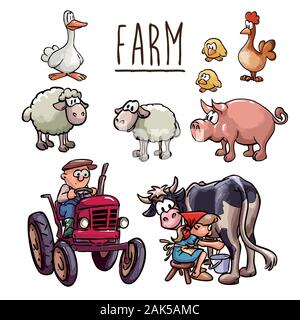 cartoon illustration - farmer driving a tractor, a peasant woman milking cow and set of farm animals (hen, chickens, sheep, goose and pig) - isolated Stock Vector