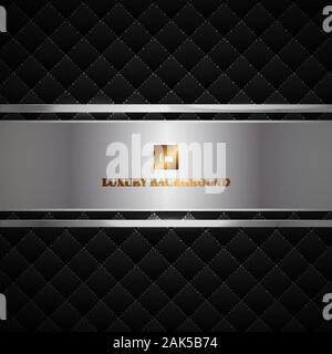 Abstract luxury style black geometric squares pattern design with dots lines grid on dark background with metallic silver tab space for your text. Lux Stock Vector