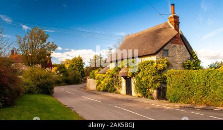 Gillingham, Dorset, UK - October 6, 2012: A traditional thatched-roof stone cottage is covered with summer climbing plants in the village of Fifehead Stock Photo