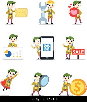 Set of character bird watcher man in collecting information. Stock Vector