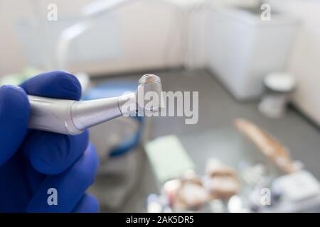 Close up  dental equipment, dental instruments, dental unit tips in dental clinic. Tools for cleaning teeth and oral health. Stock Photo