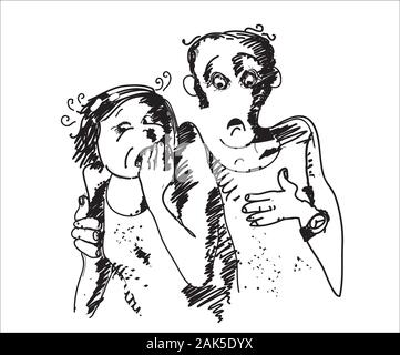 Illustration of scared man and woman, in black and white, doodle style Stock Vector