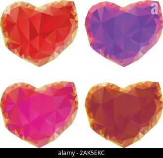 Set of colorful crystallized hearts on white background. Stock Vector