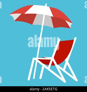 Deck chair and umbrella on the background of the sea and white sand on the beach. Stock Vector