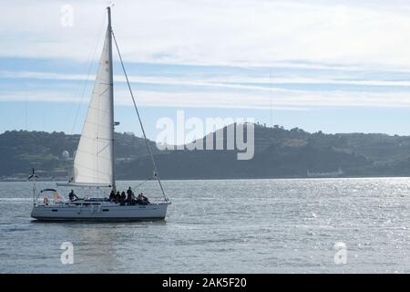 Libon, Portugal, River View, Targus, Landmark, Tourist, Explorer, Destination, Sail Boat, Sailing Boat, Early Morning Mist, Views. Stock Photo