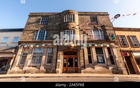 Shaftesbury, England, UK - July 28, 2012: High Street buildings are decorated with bunting to celebrate the London 2012 Olympics in Shaftesbury in Dor Stock Photo