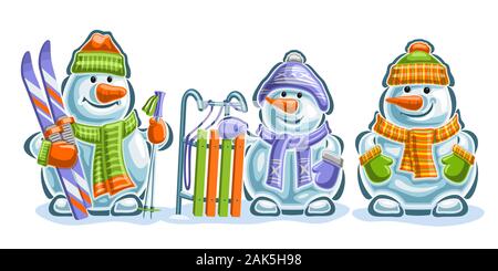 Vector set of cute Snowmans, 3 cut out blue smiling snowmans with carrot noses, sled and sport skis in green and orange mittens, knitted scarves and c Stock Vector