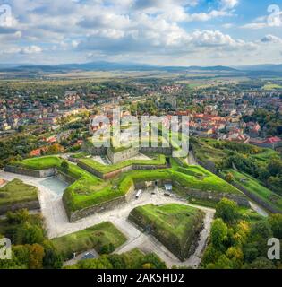 Aerial view of historic Klodzko Fortress - unique fortification complex of the Lower Silesian Voivodeship in southwestern Poland Stock Photo
