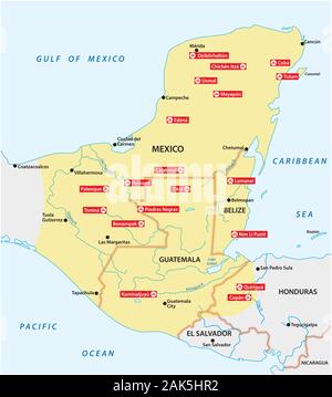 Map of the Mayan Empire with the most important cities in Central America Stock Vector