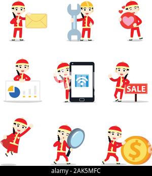 Set of character man with Chinese traditional clothing. Stock Vector