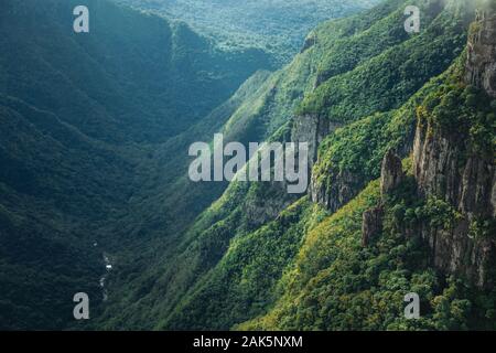 Huge Fortaleza Canyon with steep rocky cliffs covered by thick forest near Cambara do Sul. A town with natural tourist sights in southern Brazil. Stock Photo