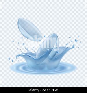 Contact lenses falling into the water. Water corona splashing waves on the surface. Stock Vector