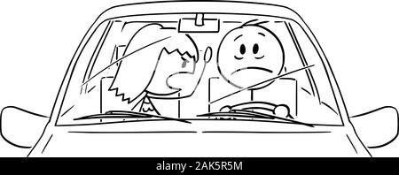 Vector cartoon stick figure drawing of tired, unhappy,sad or stressed man or driver driving a car, while his wife or woman of passenger seat is shouting at him. Stock Vector