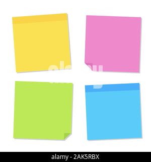 Blank post for message, to do list, memory. Sticky colored notes. Set different colored sheets of note paper. Post note paper with curled corners and Stock Vector