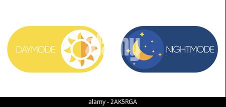 Day and Night mode switch. Sun and Moon. Light filter toggle button. Sleeping mode turn on, off. On Off Switch. Stock Vector
