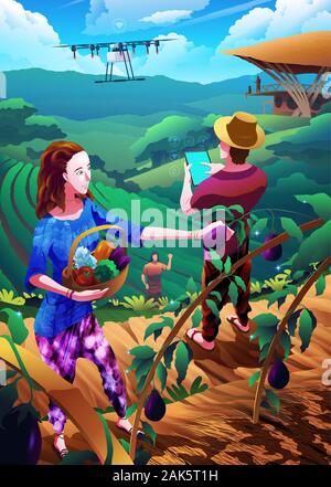 An illustration of young smart farmers on the mountain in a tropical country. The man using agrodrone to spray hormone fertilizer on crops with the be Stock Vector