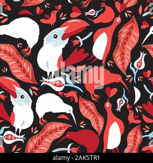 Seamless holiday pattern with different love birds and flowers on a dark background Stock Vector