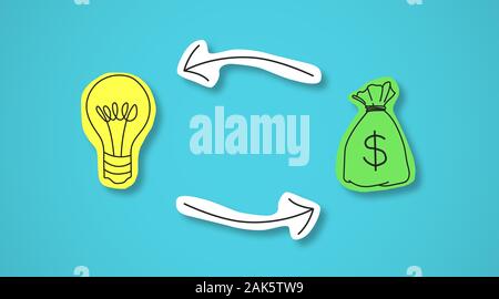 Investments in startups bring returns. Shining yellow light bulb and green money bag connected in circle over blue background Stock Photo