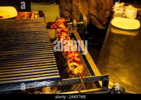 Huge Skewers of Meat and Vegetables On the Barbeque - Typical Food in Zakopane Stock Photo