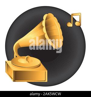 Golden gramophone record note on isolated background. Vector image. Logotype. Stock Vector