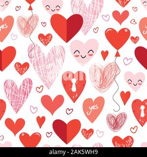 Seamless holiday pattern with different loving hearts on white background Stock Vector