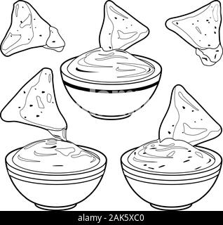 Bowls of avocado guacamole dip, tomato salsa, cheese sauce and nachos chips. Vector black and white coloring book page Stock Vector