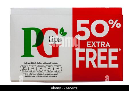 Looking down on box of PG Tips teabags with 50% extra free isolated on white background Stock Photo