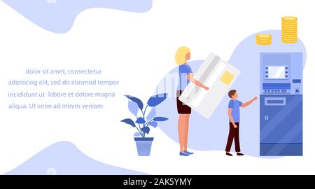Vector illustration People with bank card near ATM. Cash withdrawal, currency exchange at automated teller machine. Financial transactions using ATM. Stock Vector