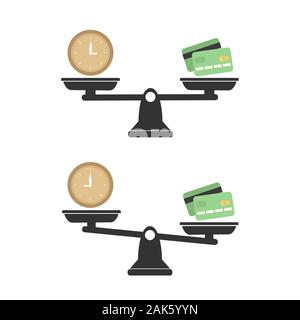Money and Time balance an imbalance of scales. Clock and money symbols on scale. Set of Scales. Time is Money Stock Vector