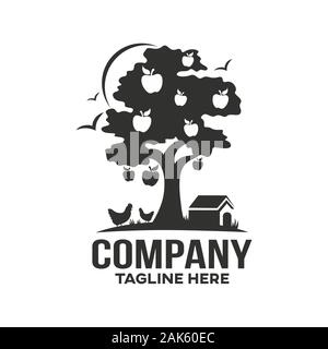 Modern farm and apple tree logo. Vector illustration. Stock Vector