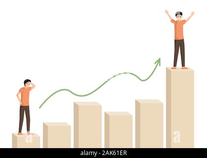 Man climbing bar graph vector illustration. Male character at beginning and at top of career ladder. Businessman motivation, self growth, personal improvement,, business strategy, way to success Stock Vector