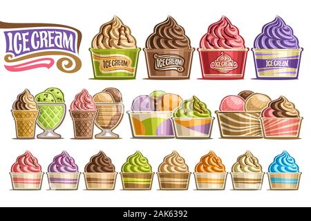 Vector set of Ice Creams, 16 cut out illustration of variety icecreams on white background, collection of different ice creams dripping sauce in plast Stock Vector