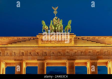 Quadriga on the Brandenburg Gate at dusk, Pariser Platz, Berlin, Germany Stock Photo