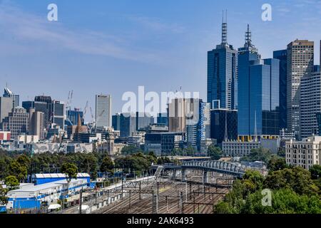 Melbourne cityscape skyline looking from the MCG - Melbourne Cricket Ground across Olympic Park and rail yards