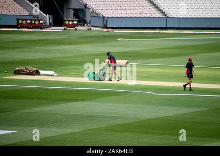 Cricket Pitch preparation at the MCG - Melbourne Cricket Ground), with green grass, workers and seating. Stock Photo