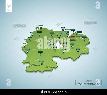 Stylized map of Northern Ireland. Isometric 3D green map with cities, borders, capital Belfast, regions. Vector illustration. Editable layers clearly Stock Vector