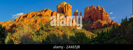 A panorama view of Sedona's Cathedral Rock as viewed from the western section of Templeton Trail. Stock Photo