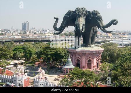 The 3 headed elephant statue of the Erewan Elephant Museum and temple in Samut Prakan nea the city of Bangkok in Thailand in Southest Asia.  rThailand Stock Photo