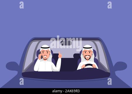 Arab man driving car vector illustration. Muslim men in thawb sitting on front seat of vehicle and talking on phone. Traditional arabic countries male clothing, muslim businessmen in transport Stock Vector