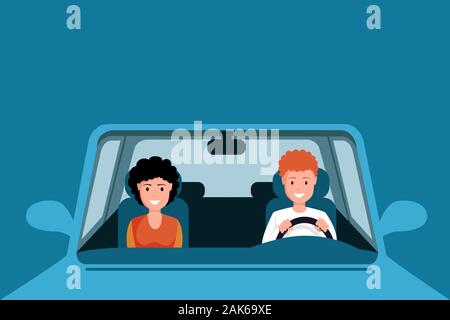 Couple driving car vector illustration. Man and woman characters sitting on front seats of automobile, going on family road trip. Husband and wife driving auto isolate on blue background Stock Vector