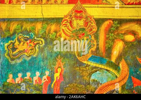 BANGKOK, THAILAND - APRIL 15, 2019: The small fragment of the historical mural in Phuttaisawan Royal Hall, depicting the scene from hindu mythology, o Stock Photo