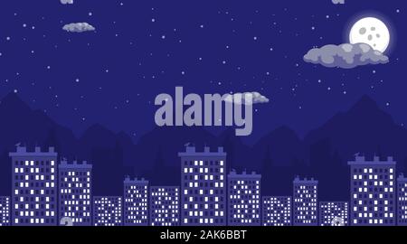 Night city view flat vector illustration. Sleeping quarters at night, cityscape with full moon and starry sky. Residential multi-storey apartment, building, cartoon megapolis houses architecture Stock Vector