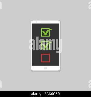 Smartphone with checkmark icons. Gadget icon with checklist Stock Vector