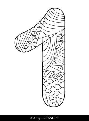 Black and white vector illustration for coloring. Number one in Zentangle style. Empty linear contour isolated on white background. Stock Vector