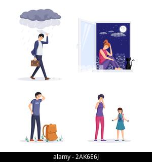 People in depression vector illustrations set. Angry man walking while raining, tired guy with backpack. Young girl in bad mood sitting on window sill at night, mother and daughter argument Stock Vector