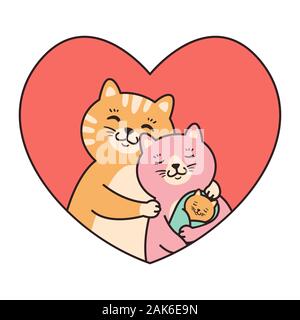 Cats family mother, father and baby newborn hug in red heart shaped frame. Greeting cards for Valentines Day, Birthday, Mothers Day. Cartoon character Stock Vector