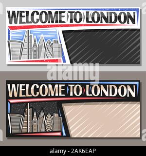 Vector layouts for London with copy space, decorative flyer with art draw of cartoon office skyscrapers in capital of United Kingdom, original script Stock Vector